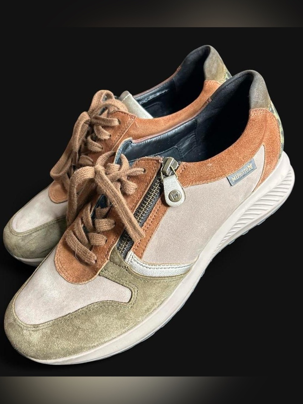 Mephisto Women's Olive Tan Cream Suede Lace-Up Sneaker with Side Zip
